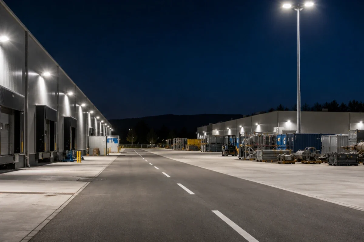 LED Flutlichtstrahler Bayern für Logistik Werkhof Lager Gewerbepark und Außenbereiche prüfen LED Flutlichtstrahler über Logistikfläche, Werkhof, Lagerbereich und Zufahrt eines Gewerbeparks in Bayern