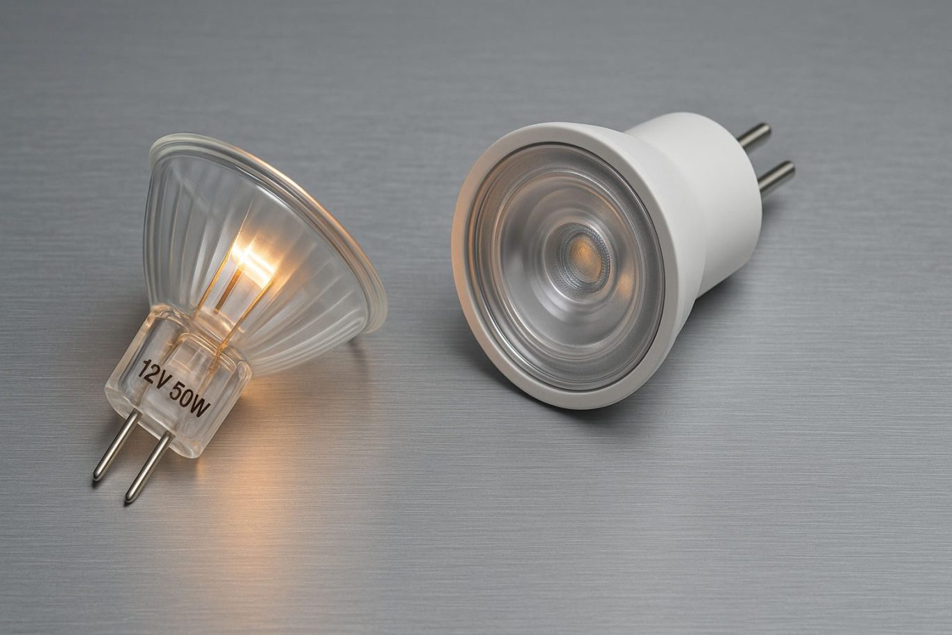 Vergleich 12 V 50 W Halogenlampe und LED-Ersatz – technischer Unterschied in Lichtfarbe und Effizienz – Hero-Bild DC-Lampen