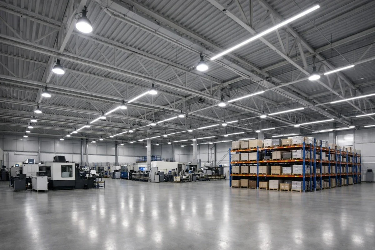 Modernisierte Industriehalle mit LED-Highbay-Leuchten und gleichmäßiger neutralweißer Ausleuchtung