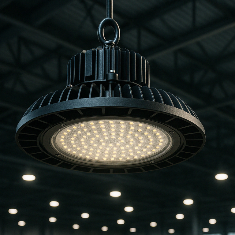 Schwarze LED-Deckenleuchte mit vielen kleinen Lichtern in einem dunklen Raum.