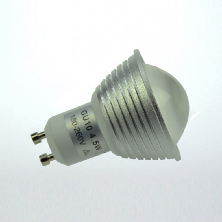 LED-Lampe mit GU10-Sockel, runde Form und silberner Oberfläche.