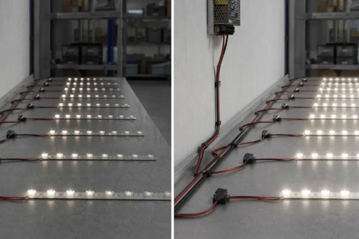 Vergleich von 12V und 24V LED Installation mit unterschiedlichen Kabeln und Helligkeitsverlauf