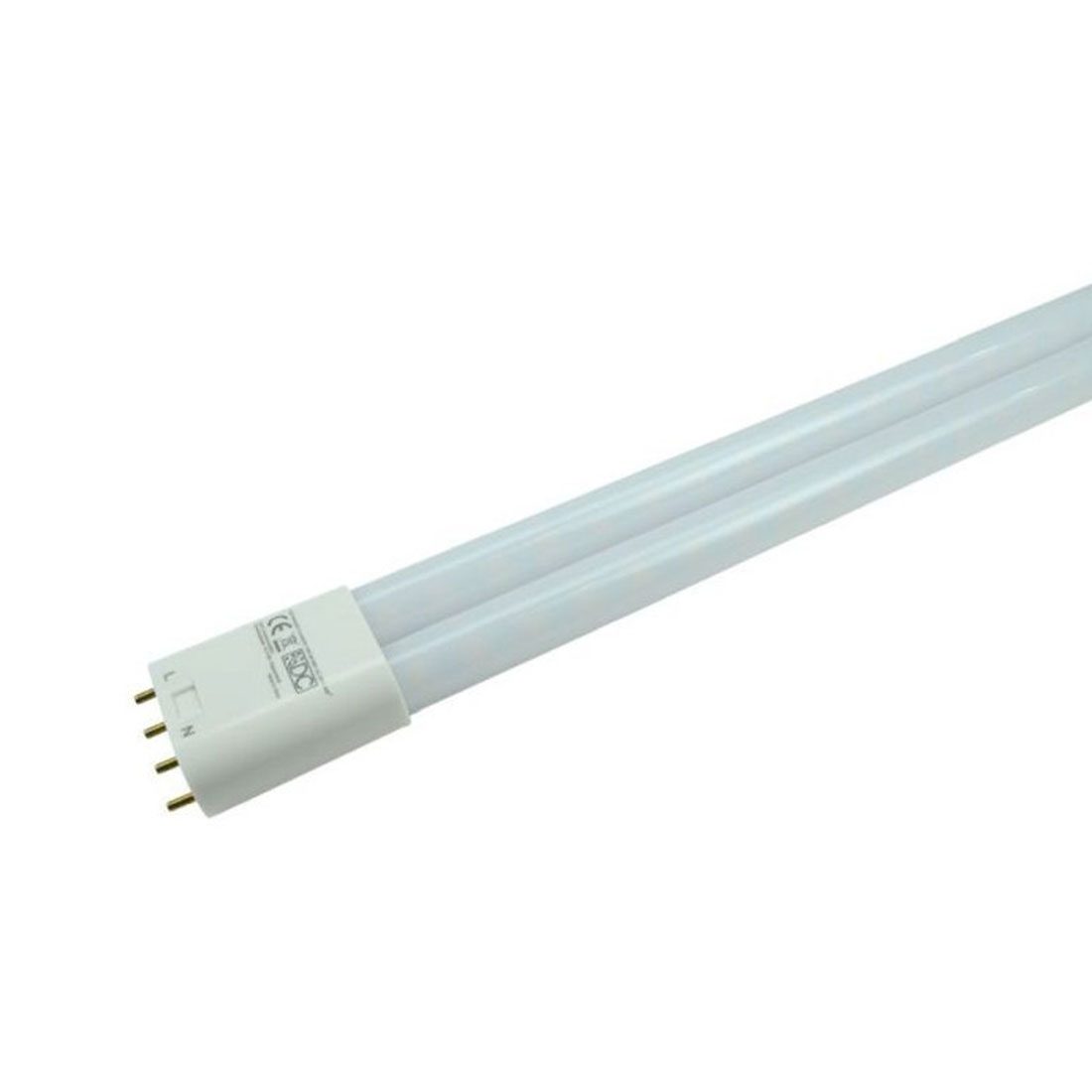 Kompaktleuchtstofflampe mit einem weißen, transparenten Gehäuse und vier Pins an einem Ende.