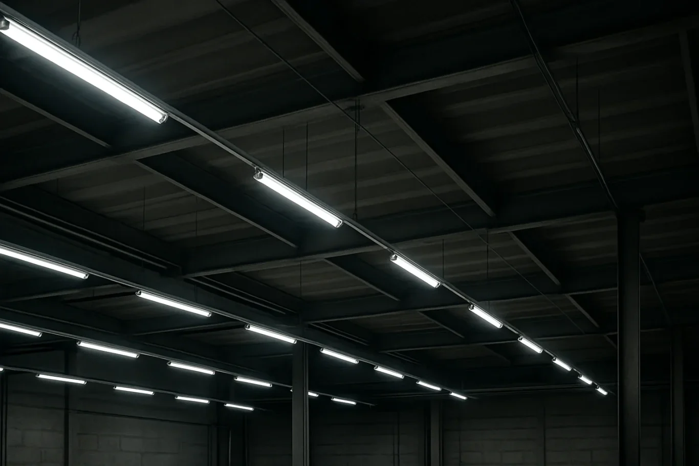 Was sind T8-Leuchten? – Aufbau und Einsatz moderner LED-Leuchten erklärt | DC-Lampen T8-LED-Leuchten in einer Industriehalle installiert – gleichmäßige Beleuchtung mit modernen LED-Röhren