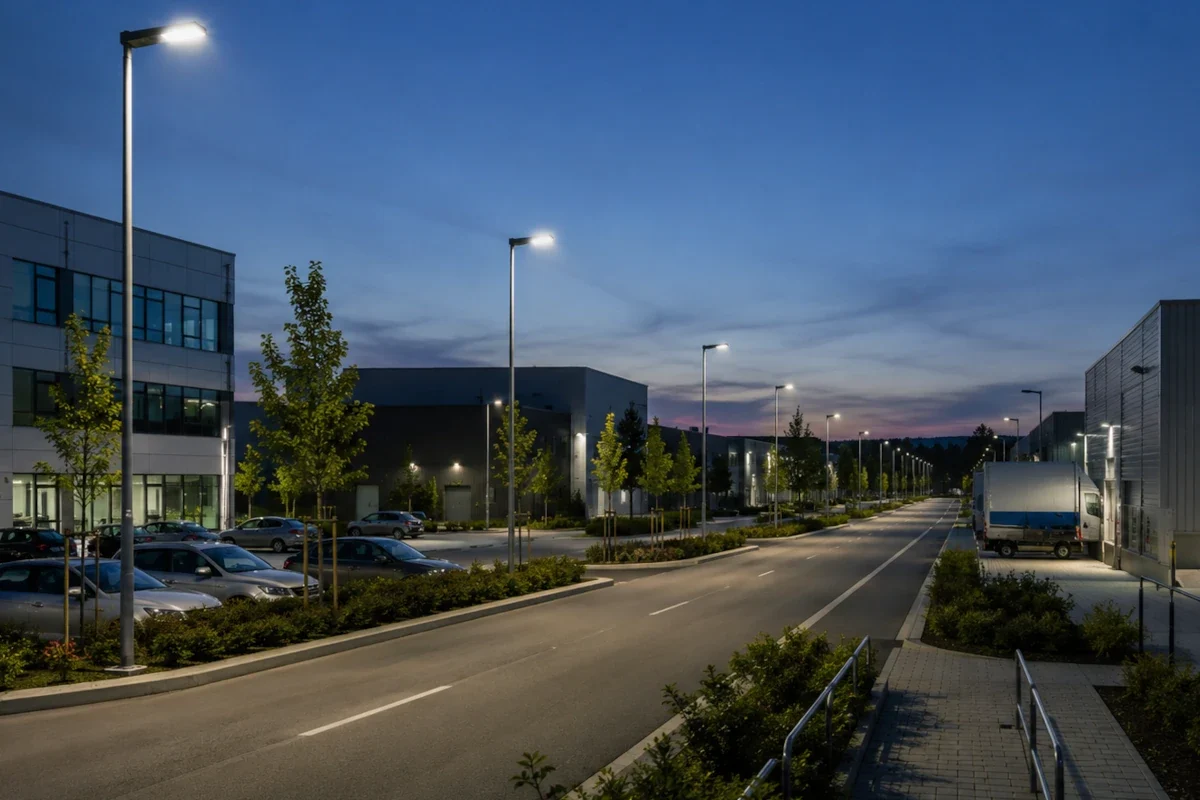 LED Straßenleuchten entlang einer Zufahrt mit Werkhof, Parkplatz und Gewerbepark im Außenbereich