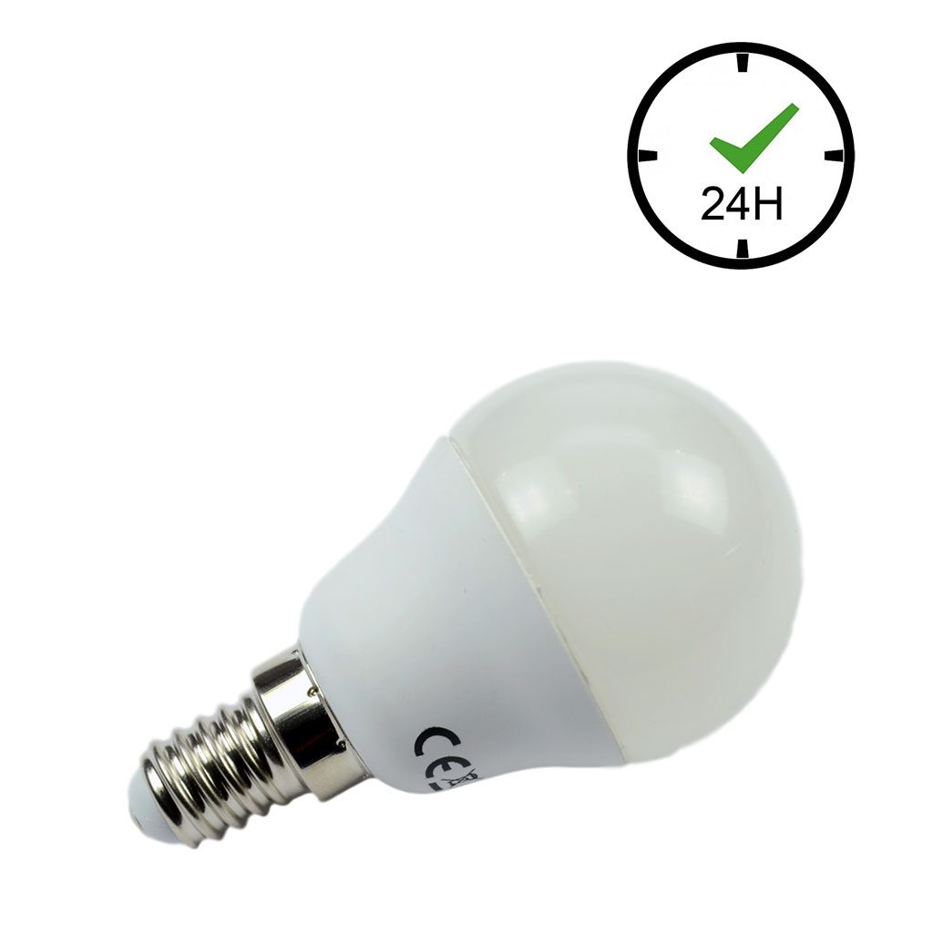 Energiesparende LED-Lampe mit E14-Fassung, formgebend und weiß leuchtend.