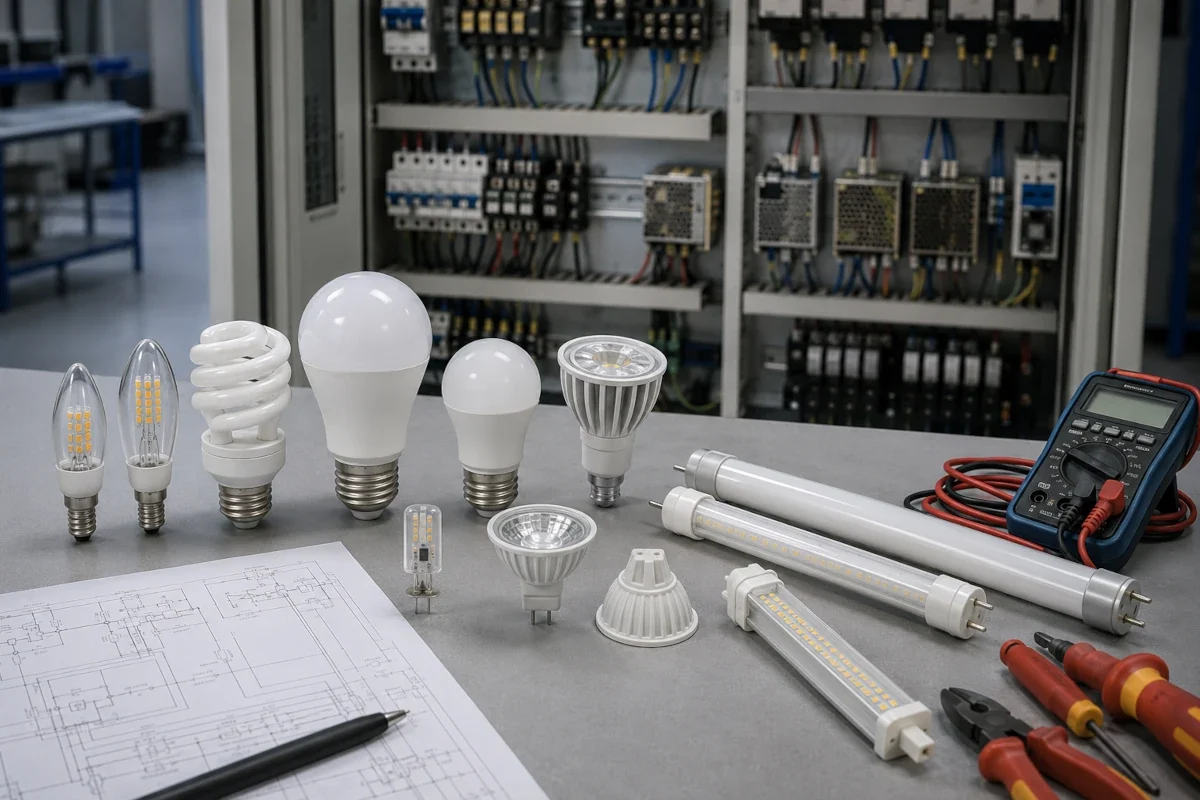 Verschiedene LED-Leuchtmittel für Bestandsleuchten neben technischer Ersatzstromanlage