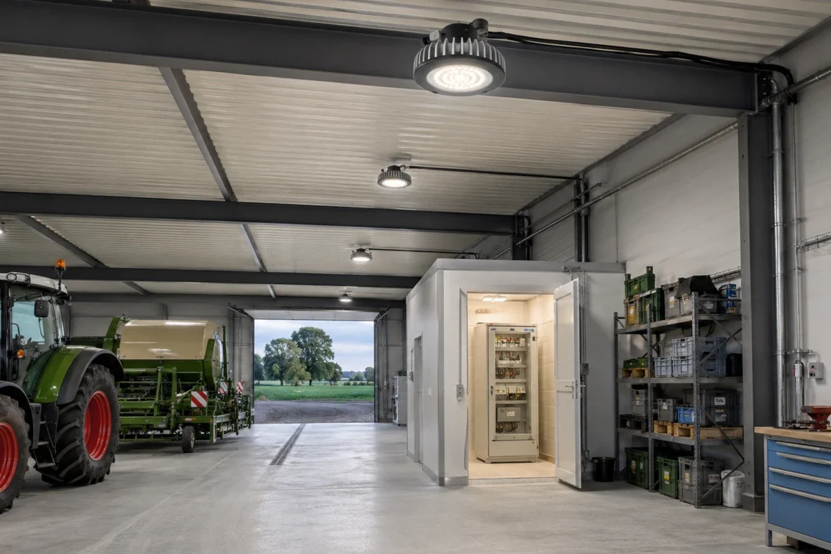 AC/DC LED-Retrofit-Leuchtmittel in einer Bestandsleuchte in Maschinenhalle und landwirtschaftlichem Technikbereich in Niedersachsen