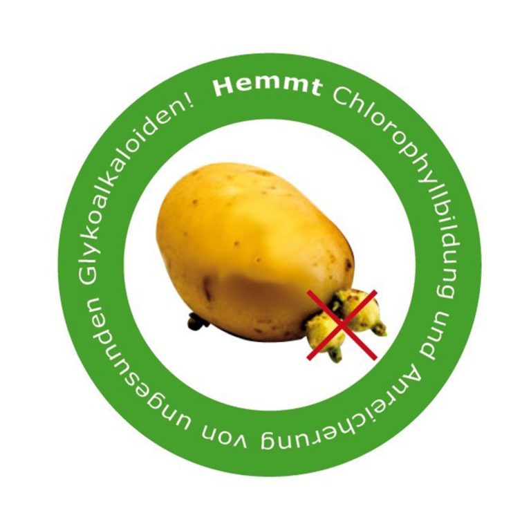 Kartoffel mit rotem X, umgeben von grünem Kreis und Warnhinweis zu Glykoalkaloiden.