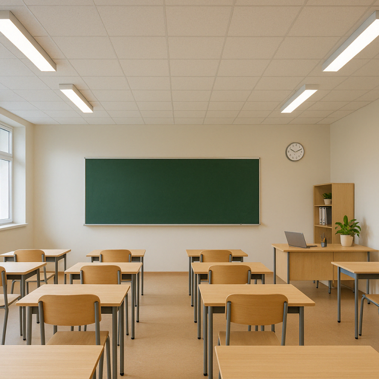Leerer Klassenraum mit Tischen, Stühlen, Tafel, Uhr und einem Schreibtisch.