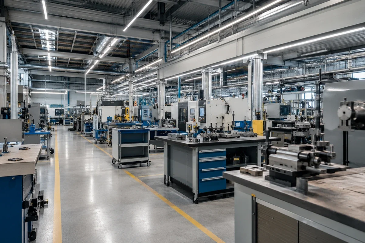 LED-Industrieleuchten über Montagearbeitsplätzen und Maschinenbereichen in einer Produktionshalle in Nordrhein-Westfalen