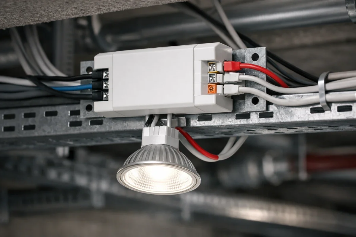 Elektronischer Halogentrafo mit 12V LED in technischer Installationsumgebung
