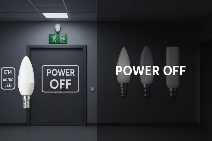 Energiesparende LED-Lampe mit AC- und DC-Betriebsangaben.