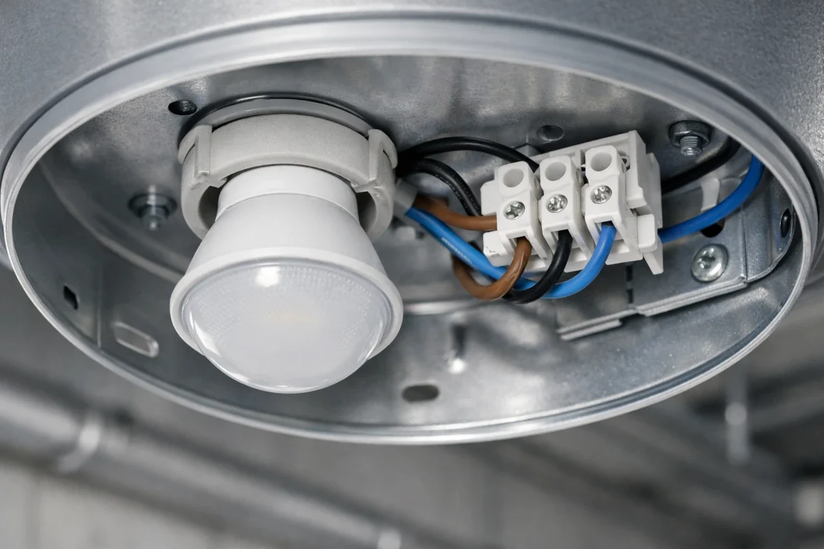 230V LED in geöffneter Industrieleuchte mit sichtbarem Netzanschluss und integriertem Treiber