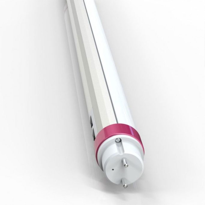 Energiesparende LED-Röhre mit transparentem Gehäuse und rotem Ende.
