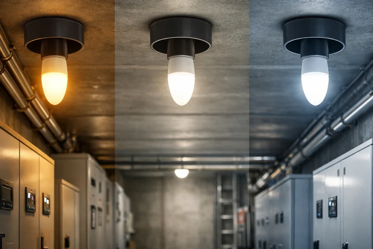 E14 LED Leuchtmittel mit warmweißer, neutralweißer und kaltweißer Lichtwirkung in einem technischen Innenbereich