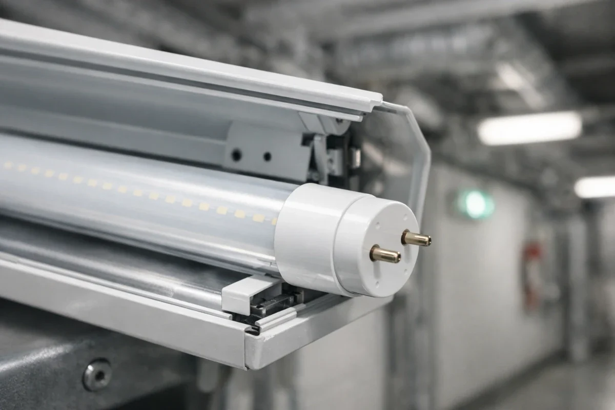 T8 LED-Röhre mit G13 Sockel in Industrie-Leuchte für Notbeleuchtung