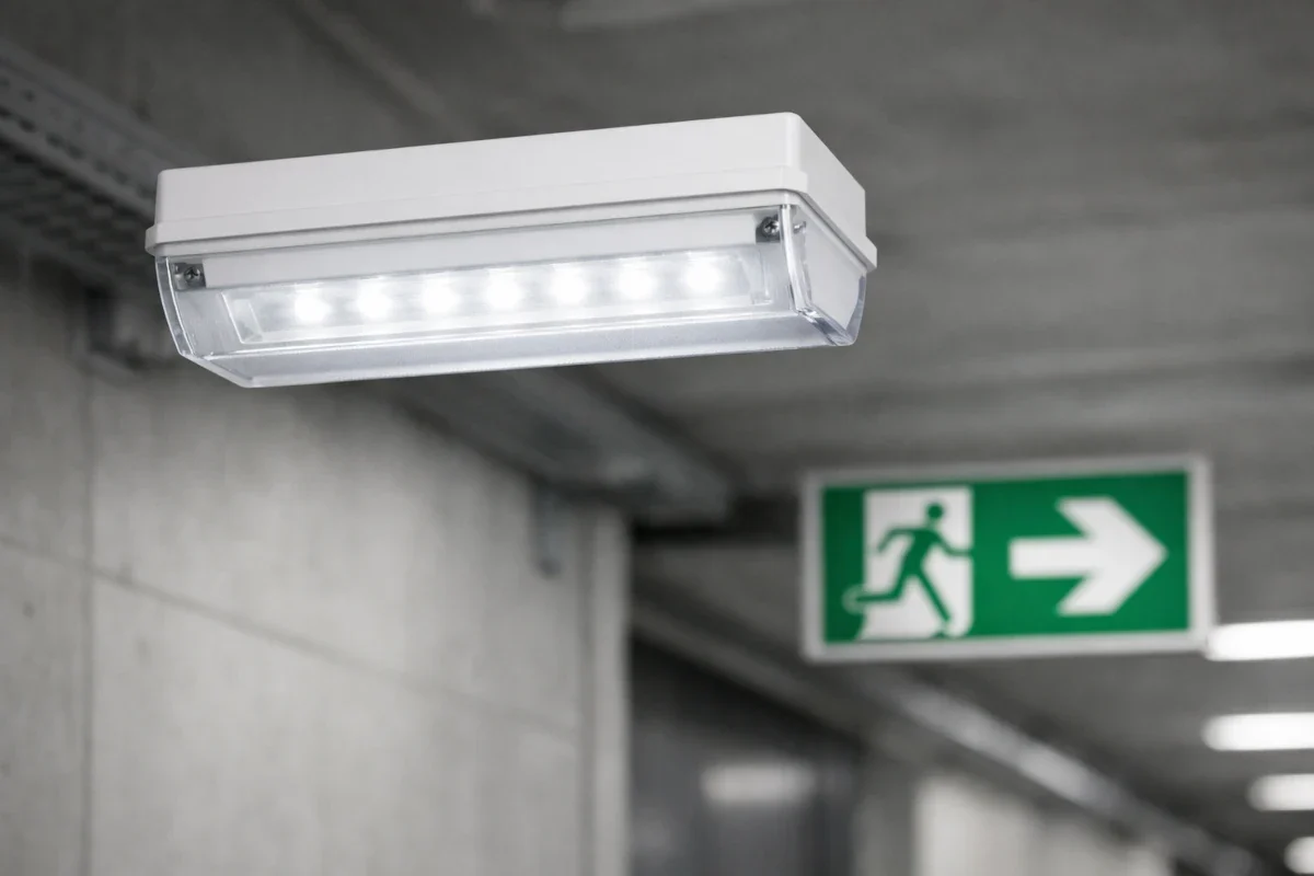 AC/DC LED Notbeleuchtung nach EU-Norm für Sicherheitsanlagen LED-Notbeleuchtung in Industrieflur mit EU-Notausgangsschild nach ISO 7010 im Hintergrund
