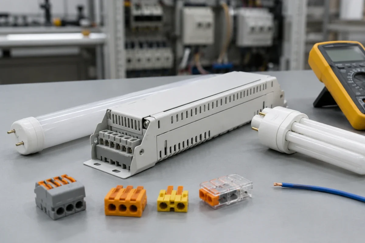 Elektronisches Vorschaltgerät mit LED-Röhre und Messgerät auf technischer Prüfbank