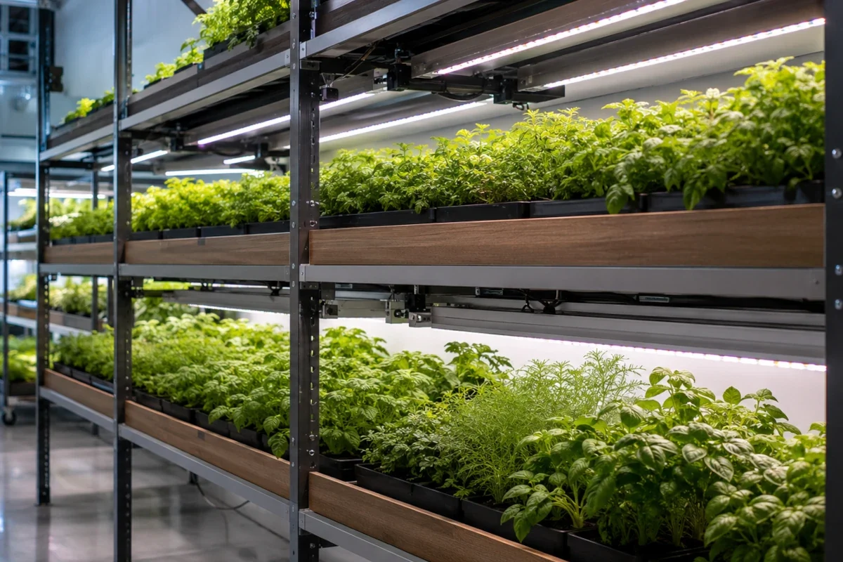 LED Pflanzenbeleuchtung für Industrie Gewerbe Pflanzenregale und Innenbegrünung prüfen LED Pflanzenbeleuchtung über einem Pflanzenregal mit Kräutern und grünen Blattpflanzen im gewerblichen Innenbereich
