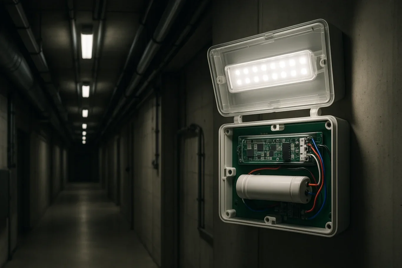 Aktive LED-Notbeleuchtung in Industrieumgebung mit geöffnetem Notlichtgehäuse und integriertem Akku-Pack