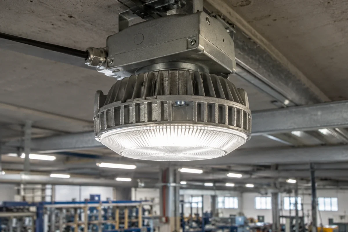 AC/DC LED-Retrofit-Leuchtmittel in einer technischen Bestandsleuchte in einer Industriehalle in Deutschland
