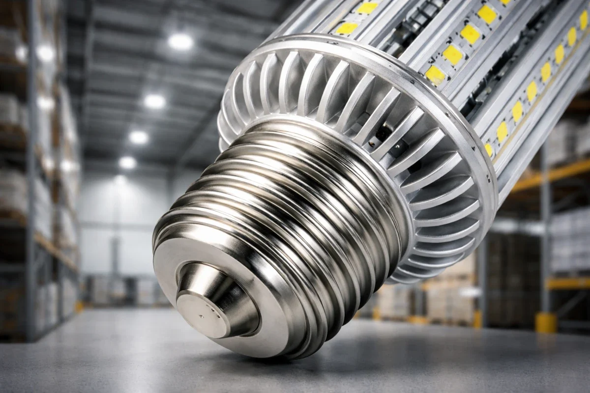 E40 LED-Leuchtmittel mit 40 mm Schraubsockel vor Industriehalle als Notbeleuchtungs-Kontext