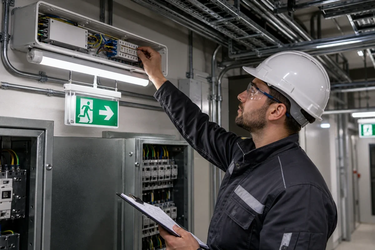 Elektrofachkraft prüft Notbeleuchtung und Rettungszeichen in einem technischen Gebäude