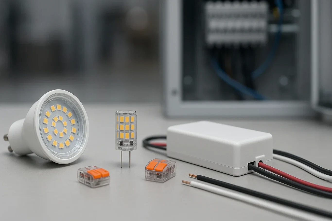 Halogen-Trafo und LED-Leuchtmittel auf technischer Prüfbank zur Kompatibilitätsprüfung