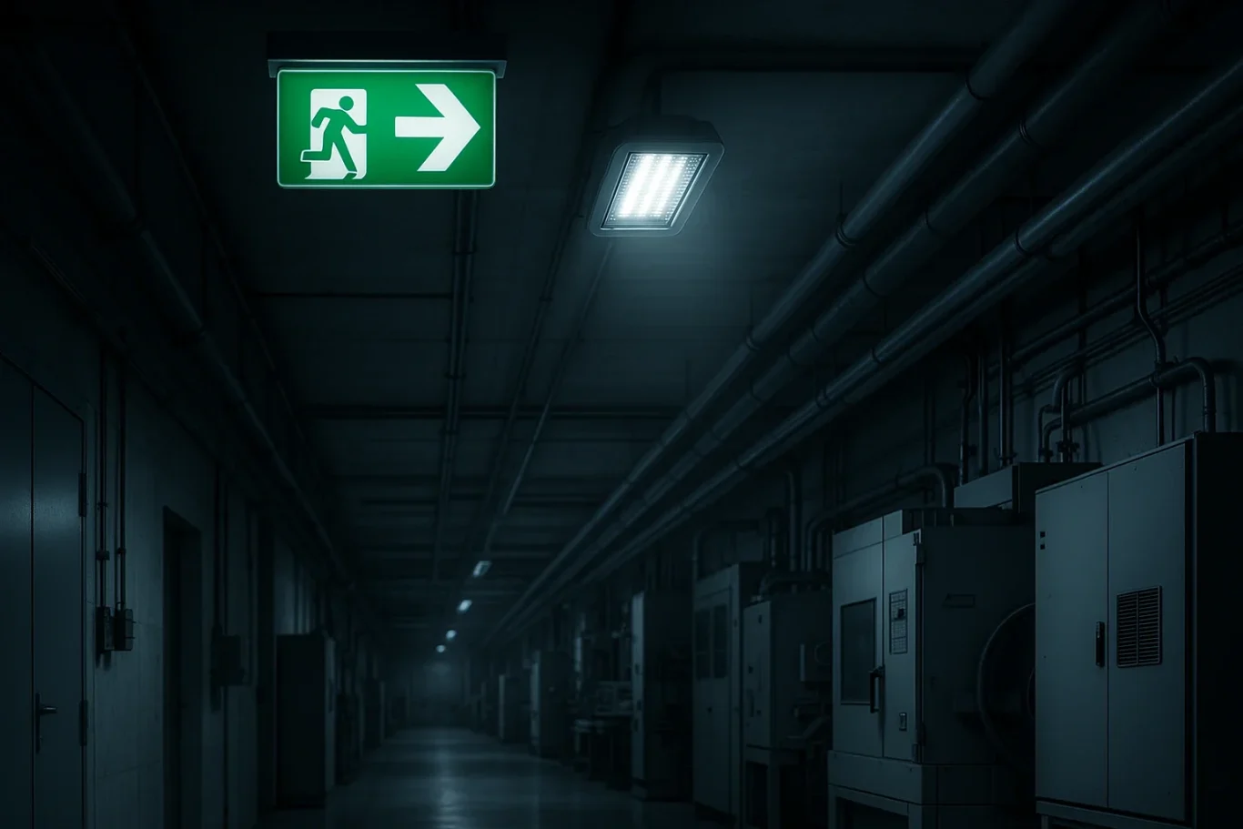 LED Notbeleuchtung in einer Industriehalle bei Stromausfall mit beleuchteten Fluchtwegen