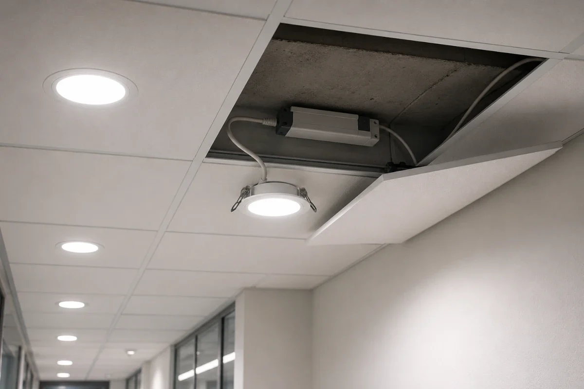 LED-Einbauleuchten mit separaten Treibern in einer technischen Deckeninstallation