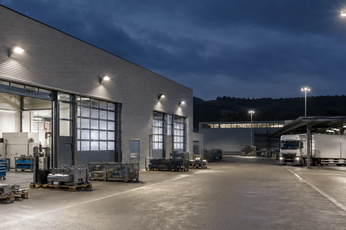 LED Flutlichtstrahler über Werkgelände, Produktionshof, Lagerfläche und Zufahrt in Baden-Württemberg
