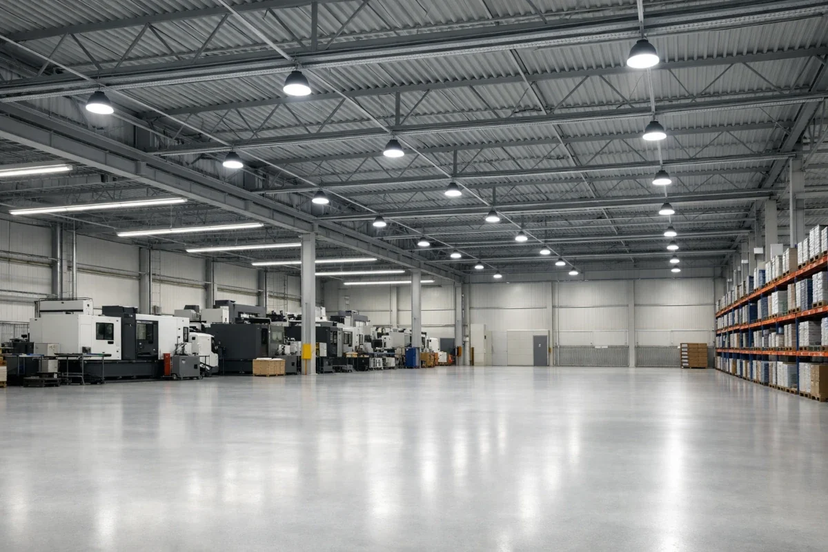 LED Hallenbeleuchtung in Industriehalle mit gleichmäßiger Ausleuchtung von Produktionsfläche und Lagerbereich