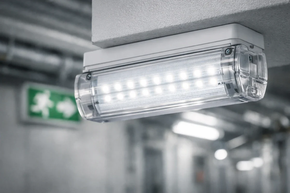 LED Notleuchte in technischem Flur mit neutralweißem Licht für Sicherheitsbeleuchtung