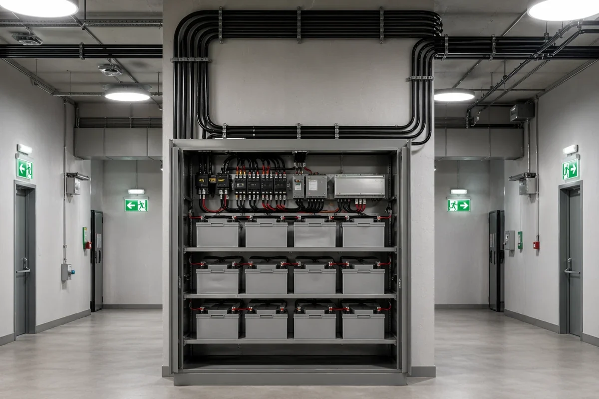 Zentralbatterieanlage mit angeschlossenen Notleuchten in technischer Installation