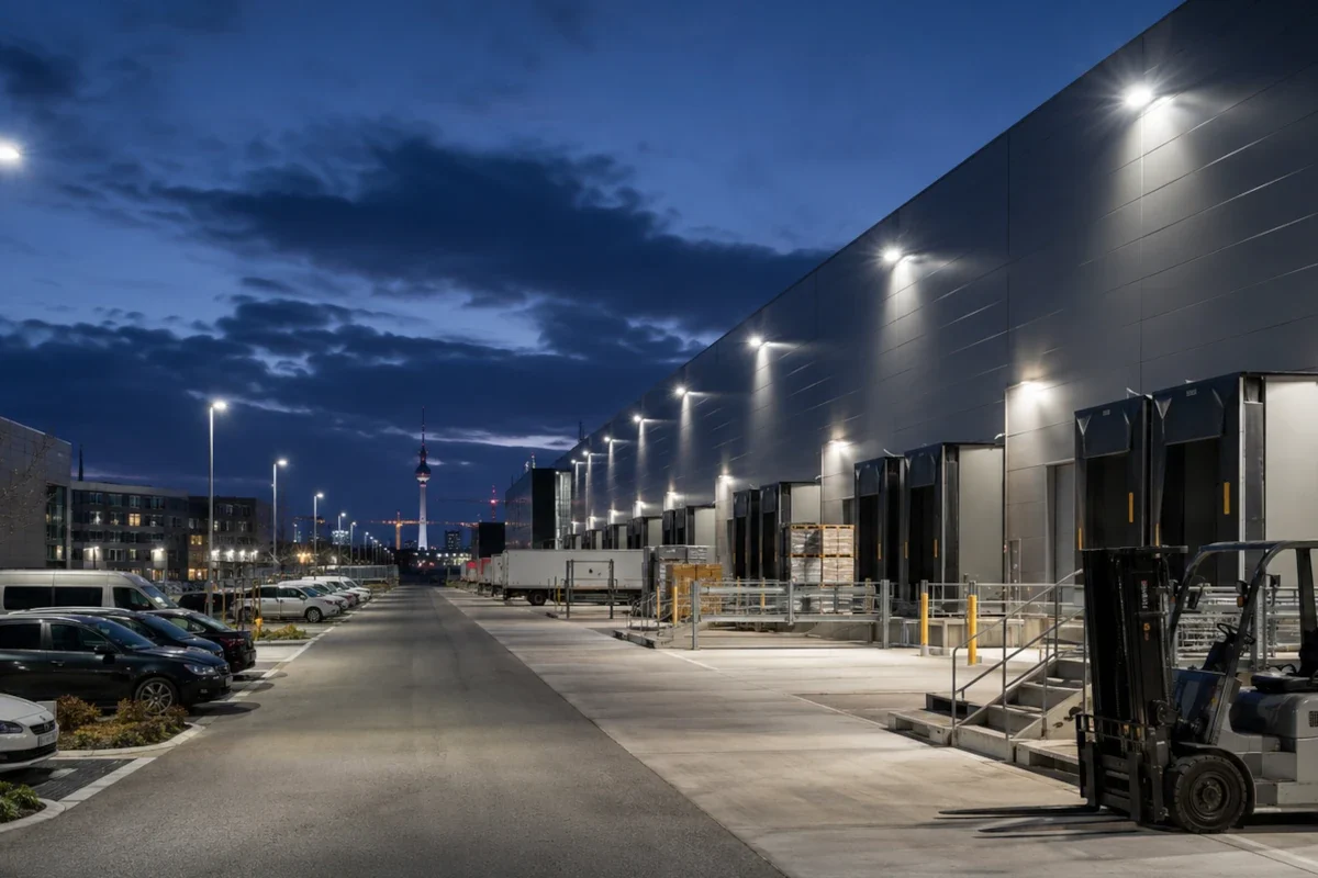 LED Flutlichtstrahler über Logistikfläche, Zufahrt und technischem Gewerbepark in Berlin und Brandenburg