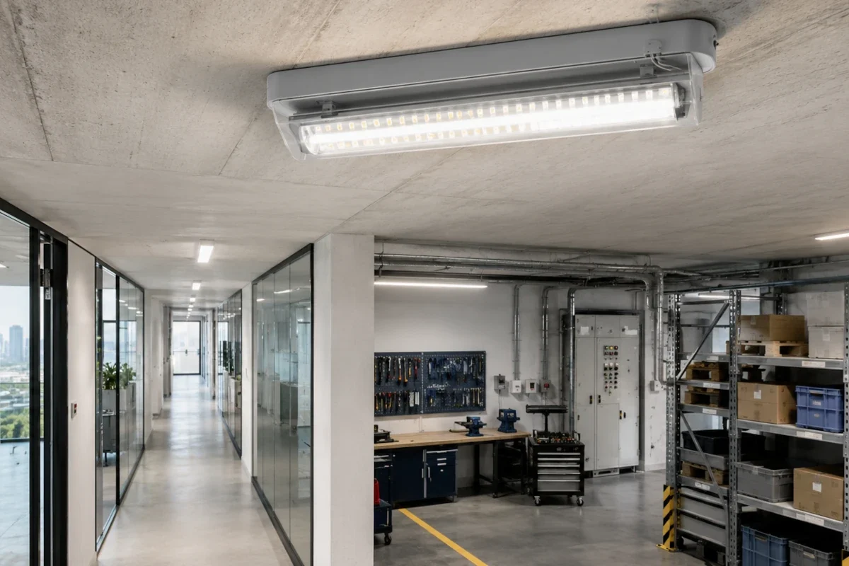 AC/DC LED-Retrofit-Leuchtmittel in einer technischen Bestandsleuchte in Industrie- und Verwaltungsumgebung in Hessen