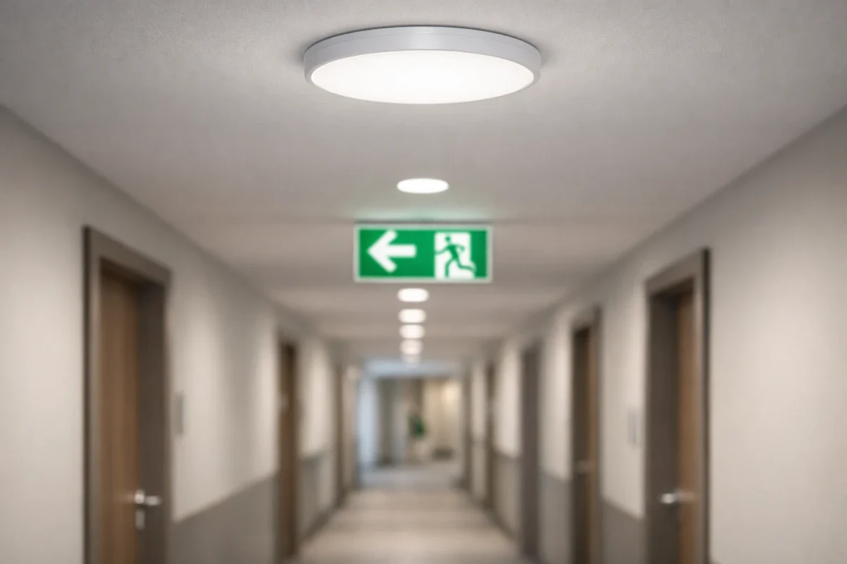 Flur in Hotel mit Deckenbeleuchtung und Notausgangsschild zur Fluchtwegkennzeichnung