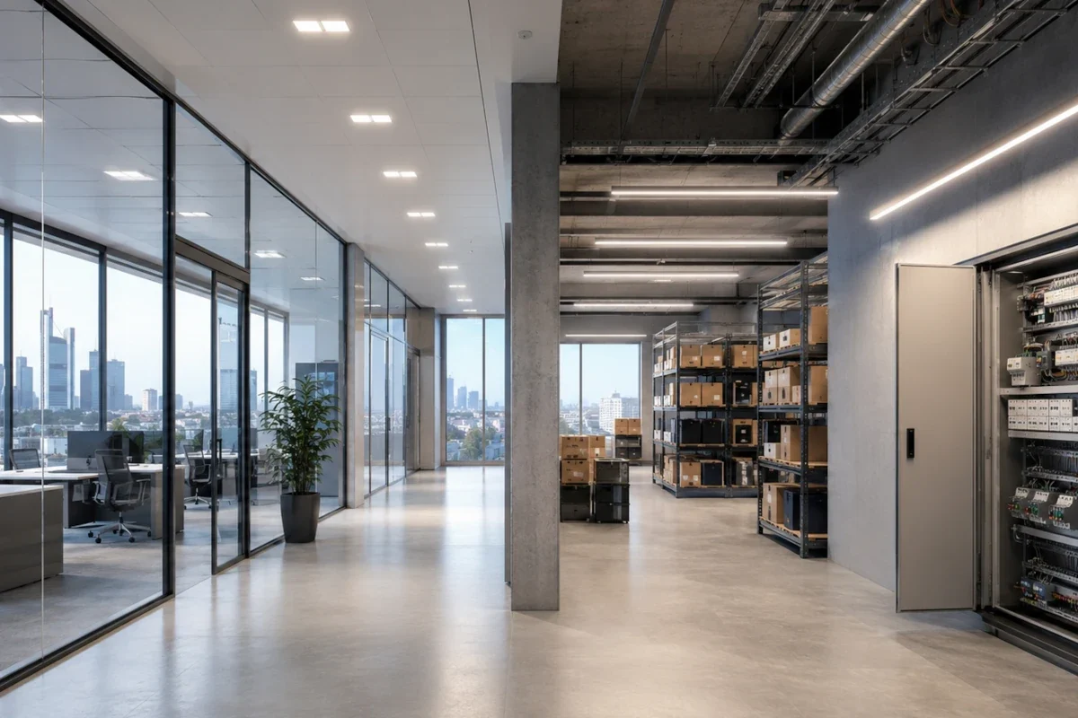 LED-Leuchten in modernem Büro- und Technikgebäude mit Logistikbereich im Rhein-Main-Gebiet