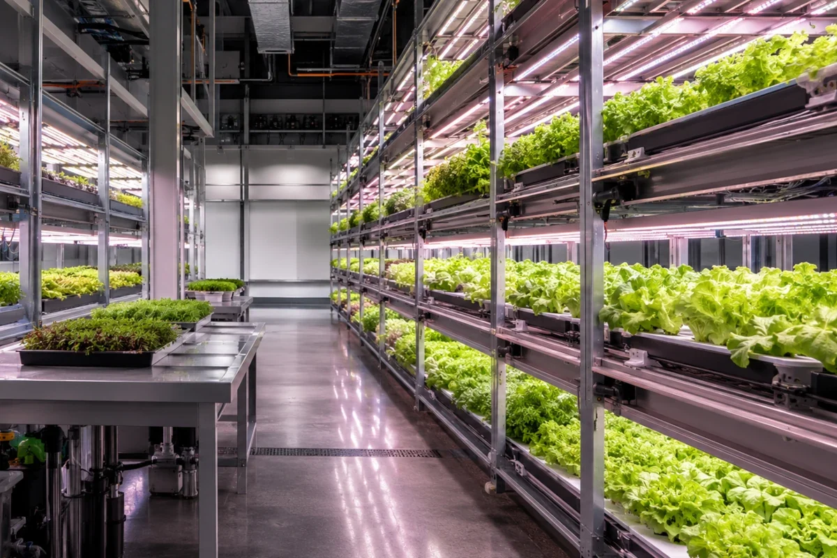 LED Pflanzenbeleuchtung über einem professionellen Indoor-Anbaubereich mit Pflanzenregalen und technischen Arbeitsflächen