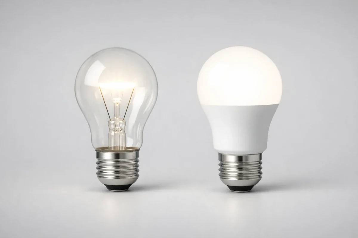 Glühlampe und LED mit gleicher Helligkeit im direkten Vergleich auf neutralem Hintergrund