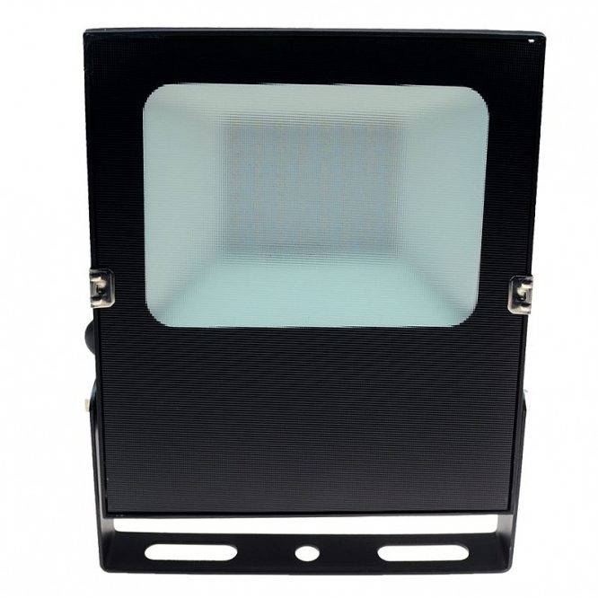 Schwarze LED-Flutlichter mit rechteckiger, schützender Glasausschnitt.