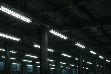Industriehallen mit flackernden Neonröhren an der Decke.