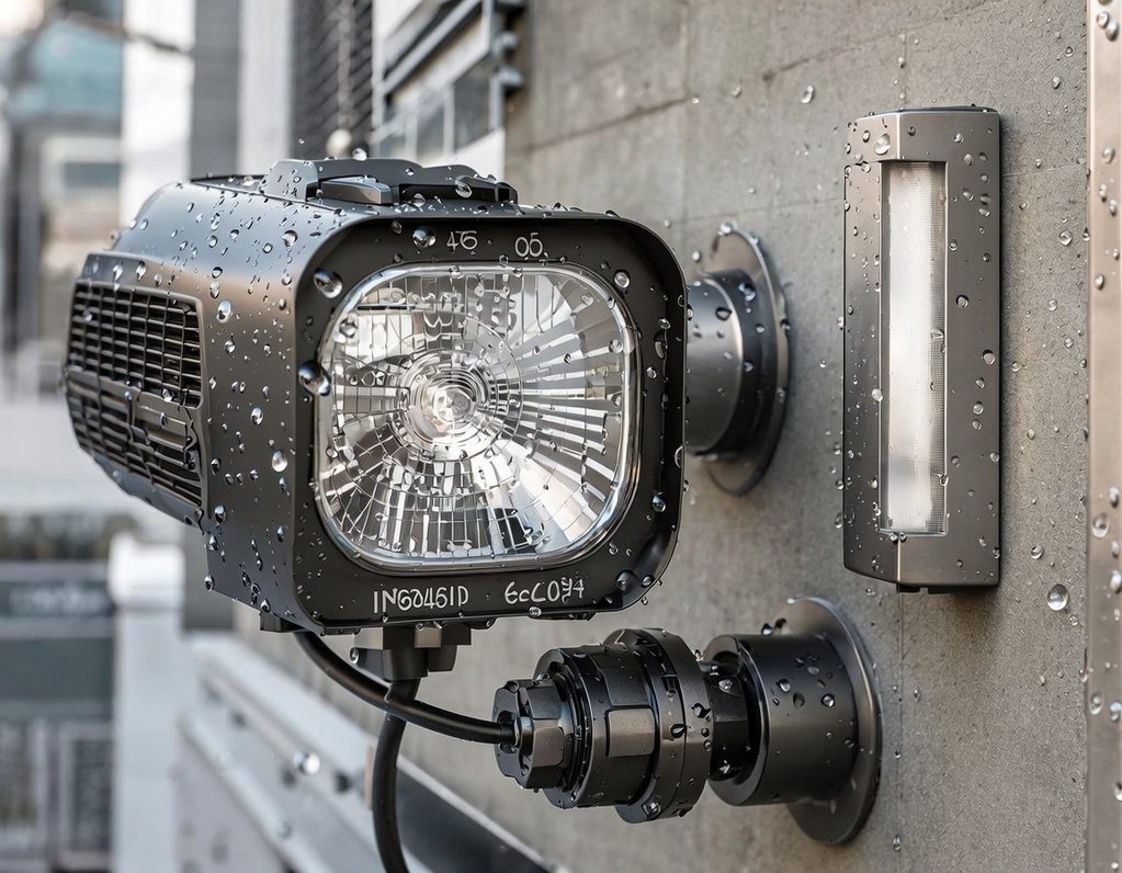LED-Außenleuchten mit unterschiedlichen IP-Schutzarten in technischem Außenbereich