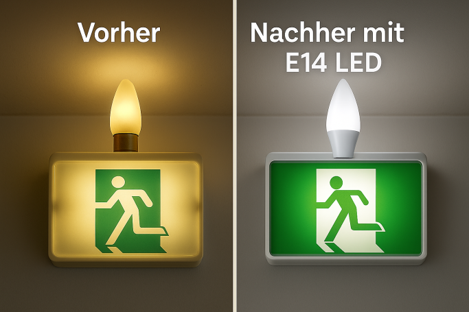 Notausgangsschild: links gelblich, rechts mit E14 LED in klarem Grün.