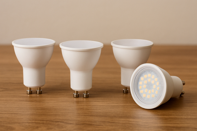 Vier LED-Lampen mit weißem Gehäuse stehen auf einem Holzuntergrund.