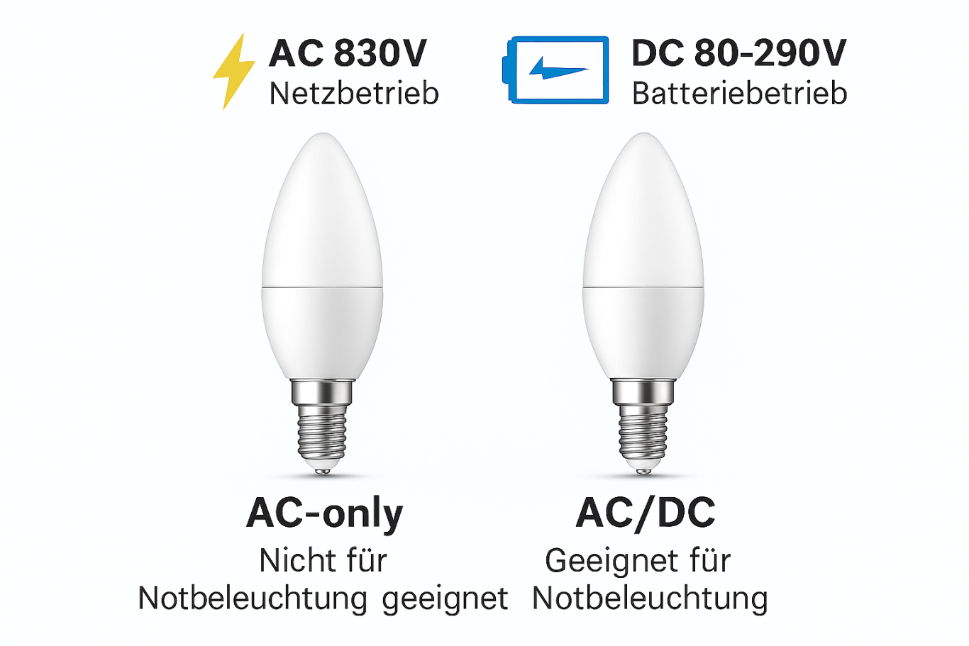 Zwei LED-Lampen mit unterschiedlichen Stromversorgungshinweisen: AC und AC/DC.