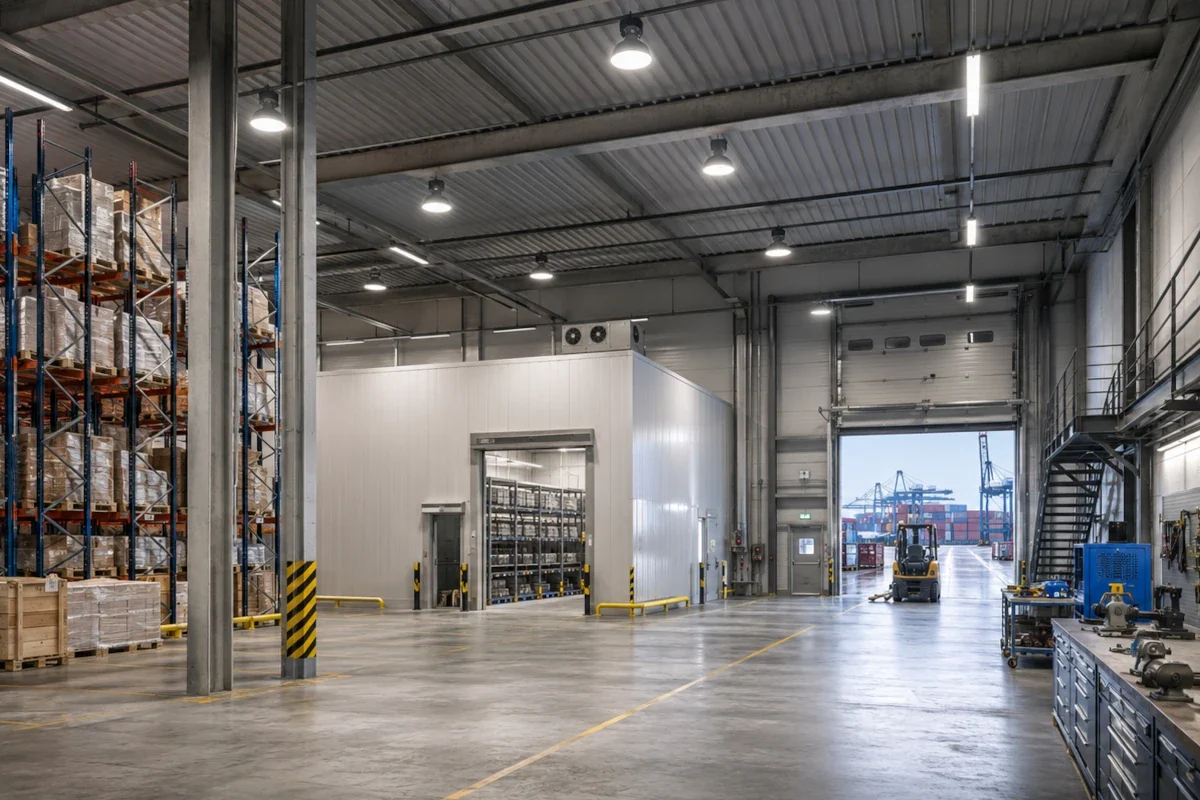 LED-Highbay- und Linearleuchten über Lagerregalen, Kühlbereich, Werkstattfläche und Hafenlogistik in Hamburg und Schleswig-Holstein