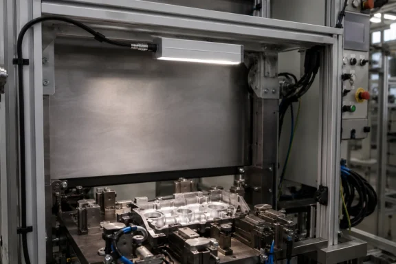 24-V-LED für Maschinen und industrielle Arbeitsbereiche prüfen 24-V-LED-Maschinenleuchte über einem technischen Arbeitsplatz in einer industriellen Anlage