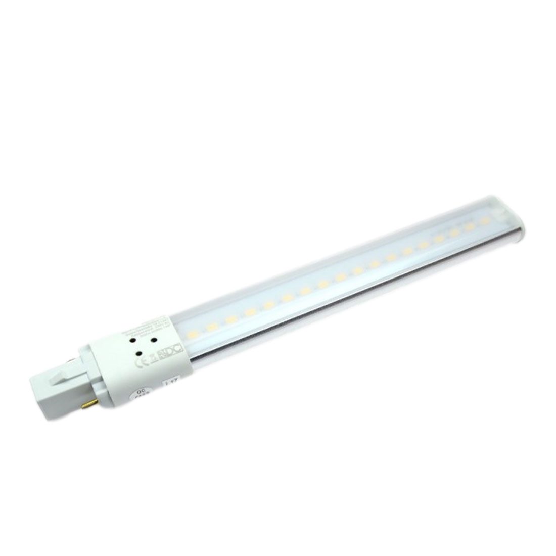 LED-Kompaktleuchtstofflampe mit weißem Gehäuse und mehreren Leuchtdioden.